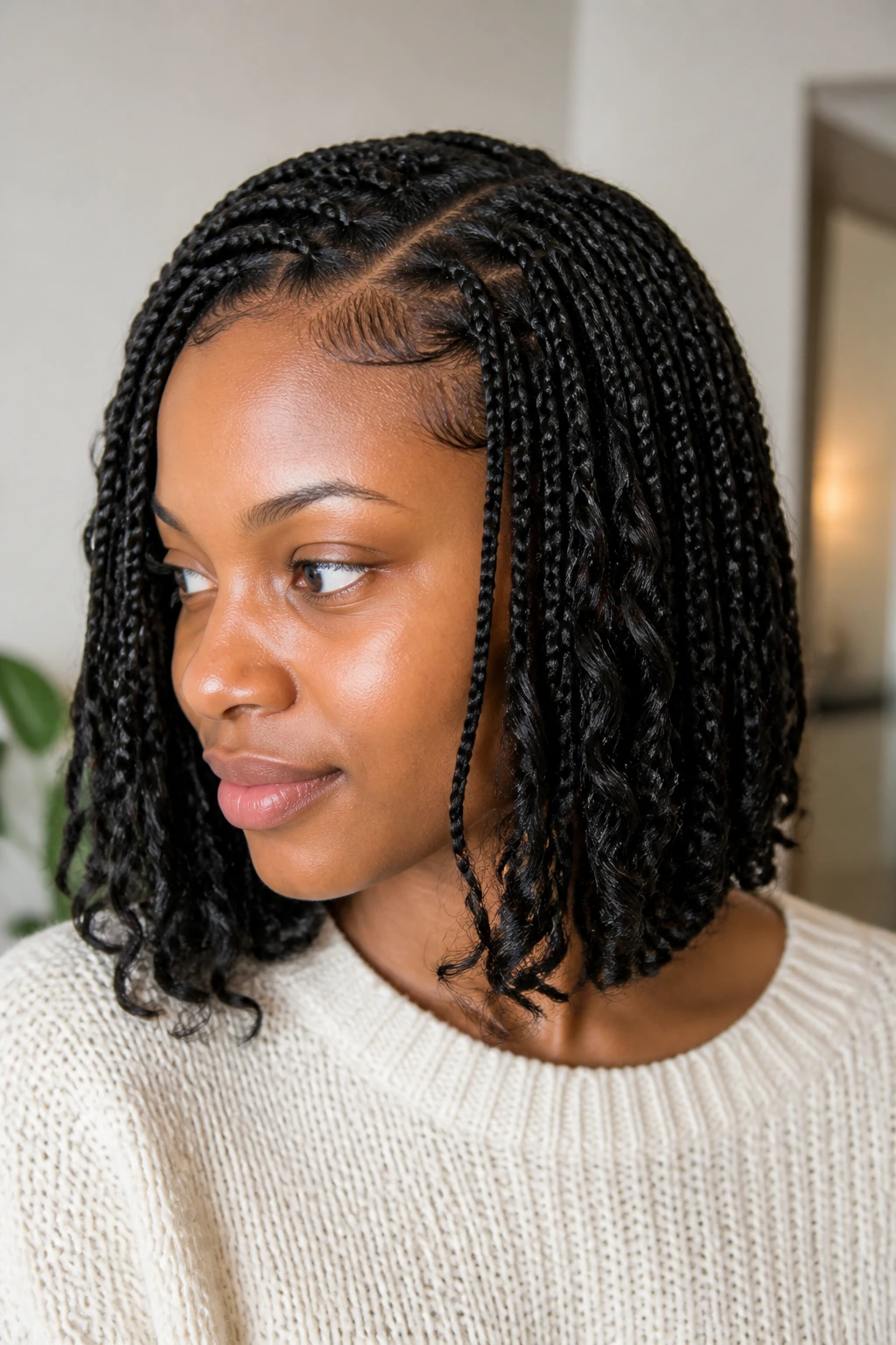 Real person wearing protective lob with minimal leave-out on shoulder-length hair