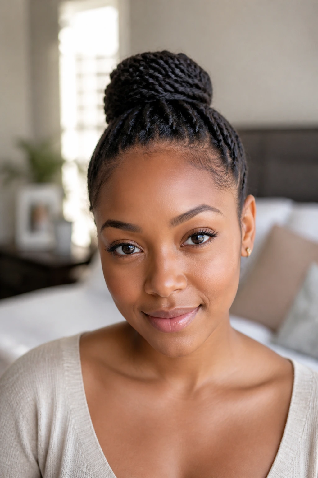 Close-up portrait of a real woman with a protective French bun on short natural hair