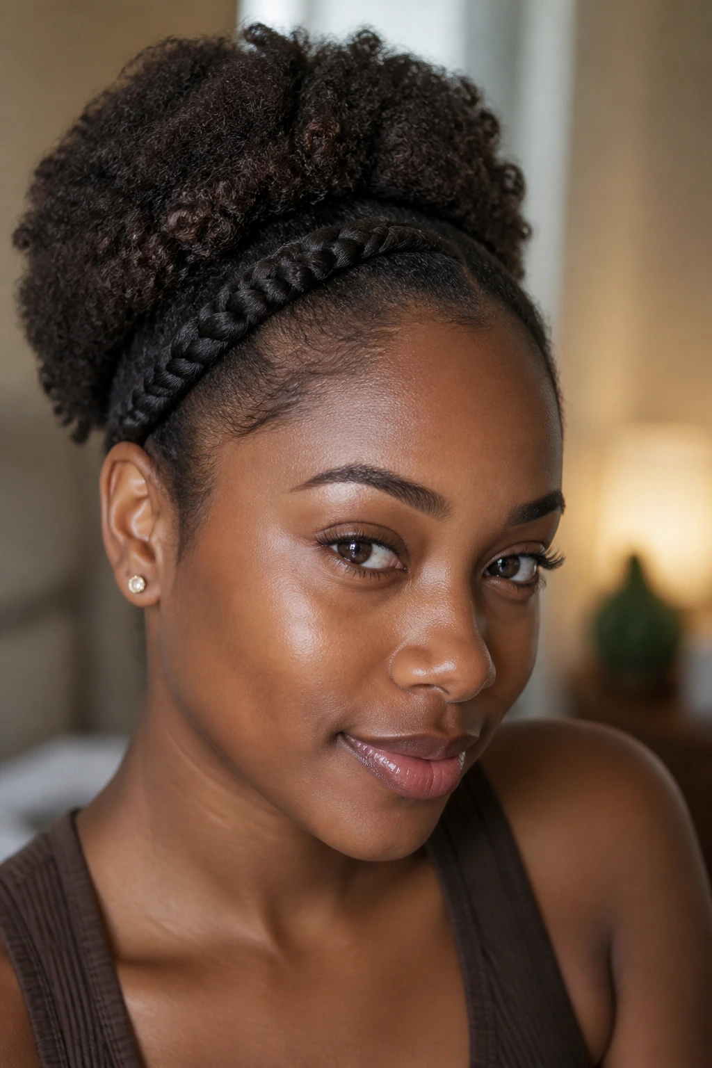 Real person with a low-tension braided headband as a protective-style look