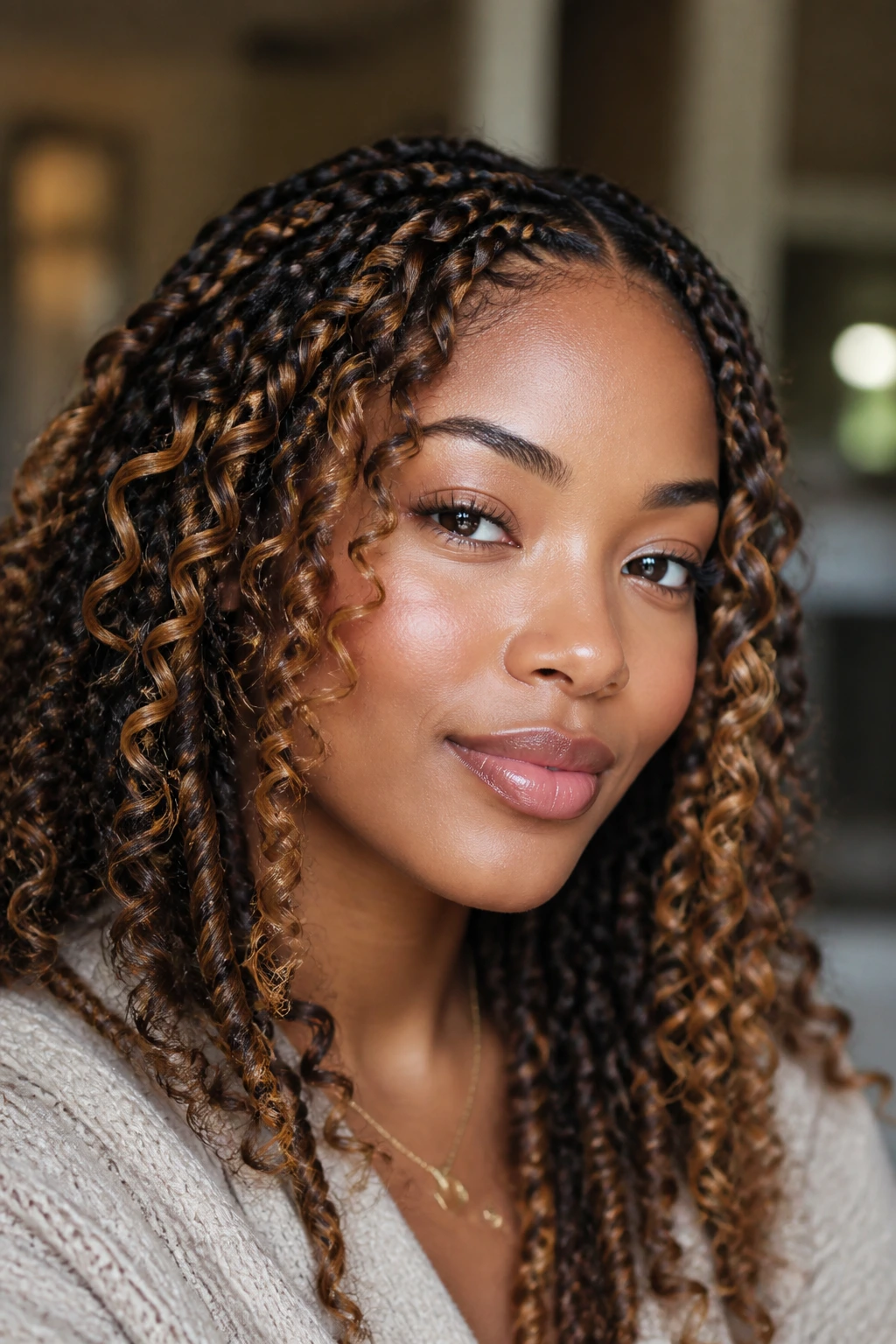 Portrait of a person with protective hairstyle and caramel highlights on curly hair