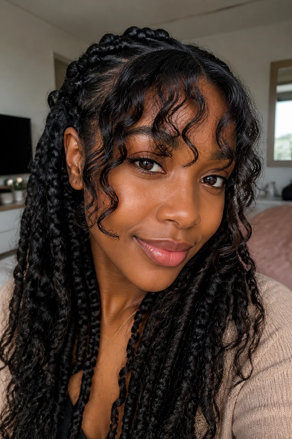 Close-up of a real person with face-frame bangs and protective-layer curls in natural light