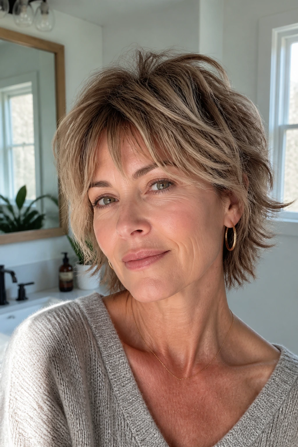 Puff-free short shag hairstyle on a real woman.