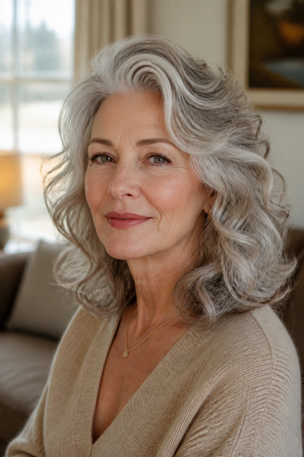 Portrait of an elegant older woman with wavy silver hair showing crown lift in a cozy home setting.