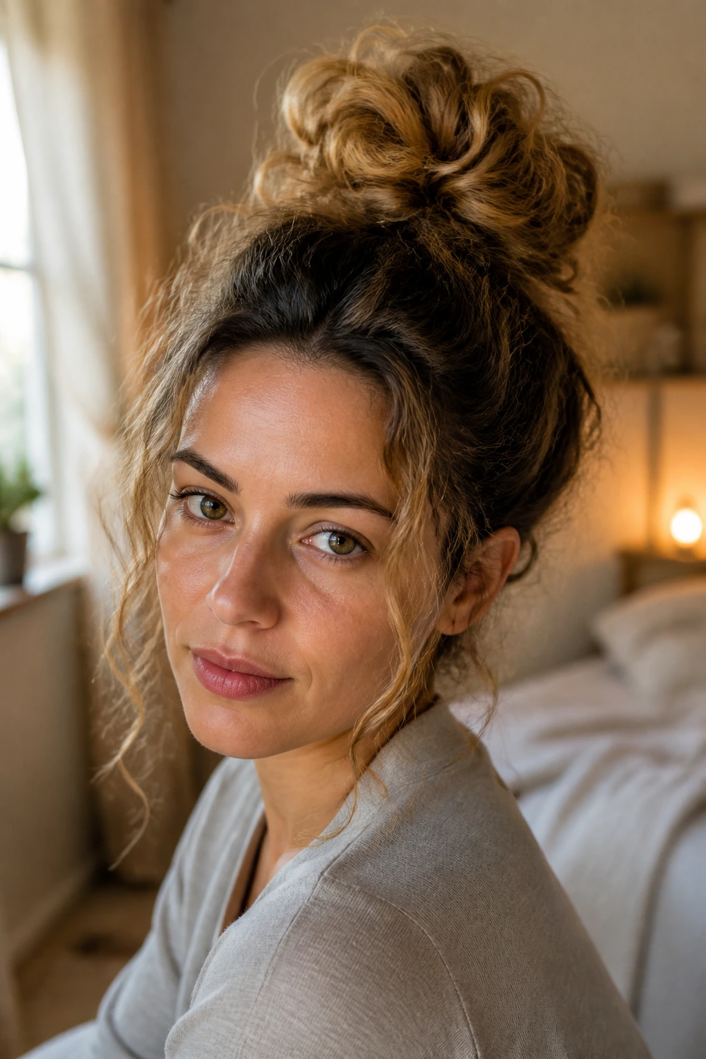Close-up of a real woman with a Puffy Top Knot showing shadow-root dimension on 2C hair.