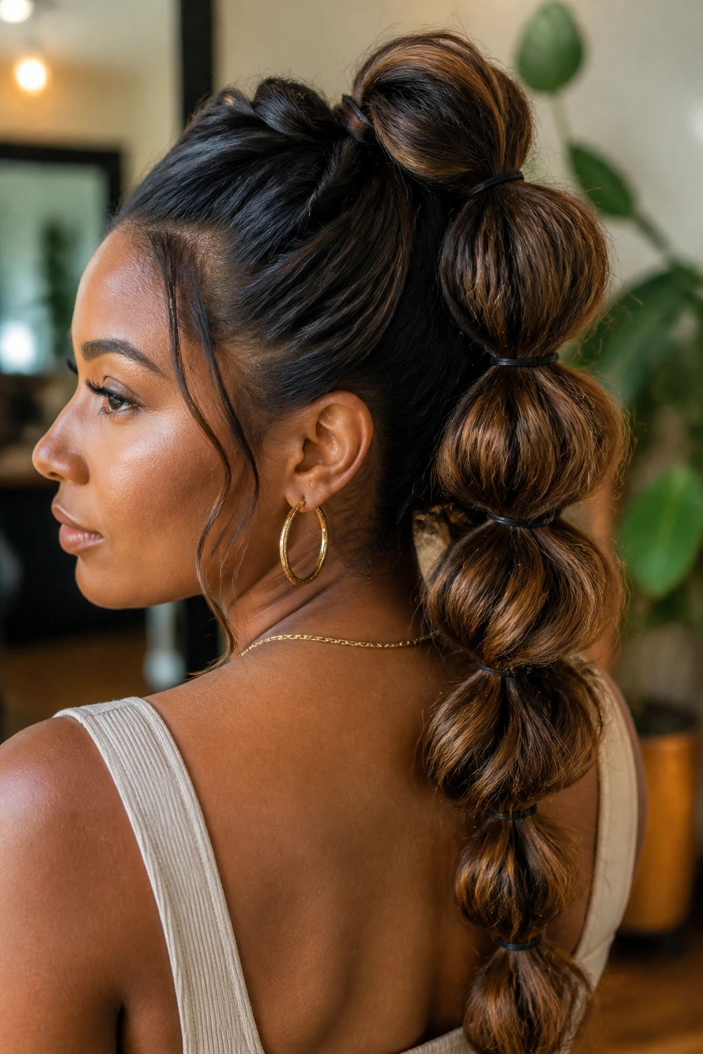 Close-up of a real woman with an airy, voluminous pull-through braid in warm natural light