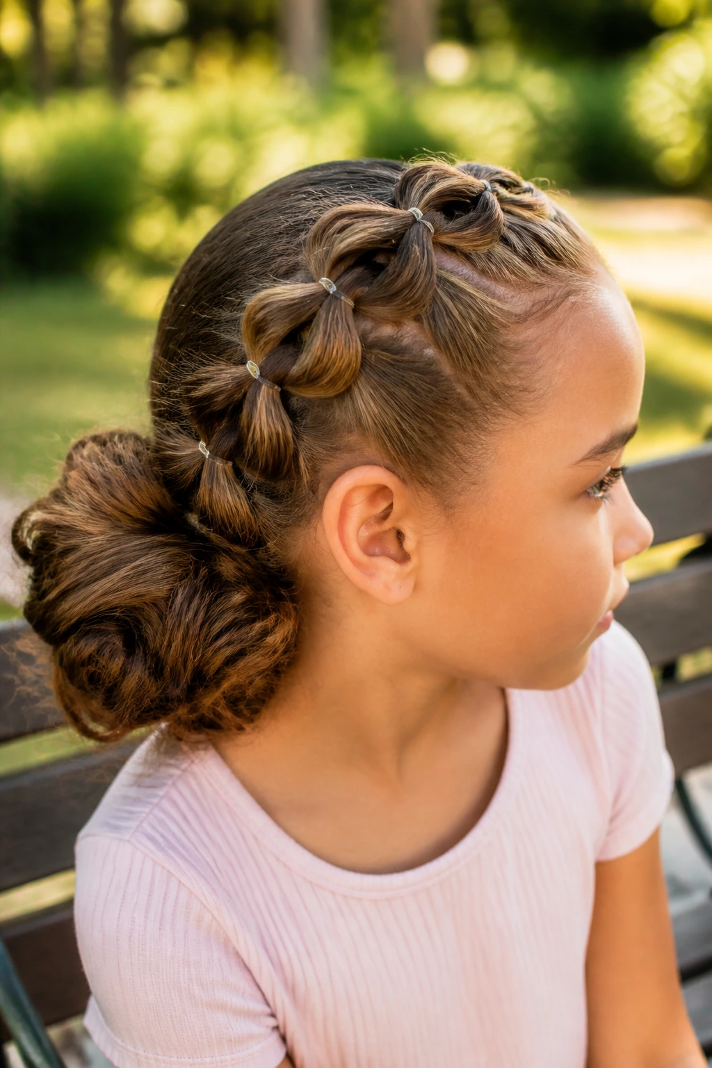 Close-up of a real child showing pull-through braids forming a puff bun in a sunny park