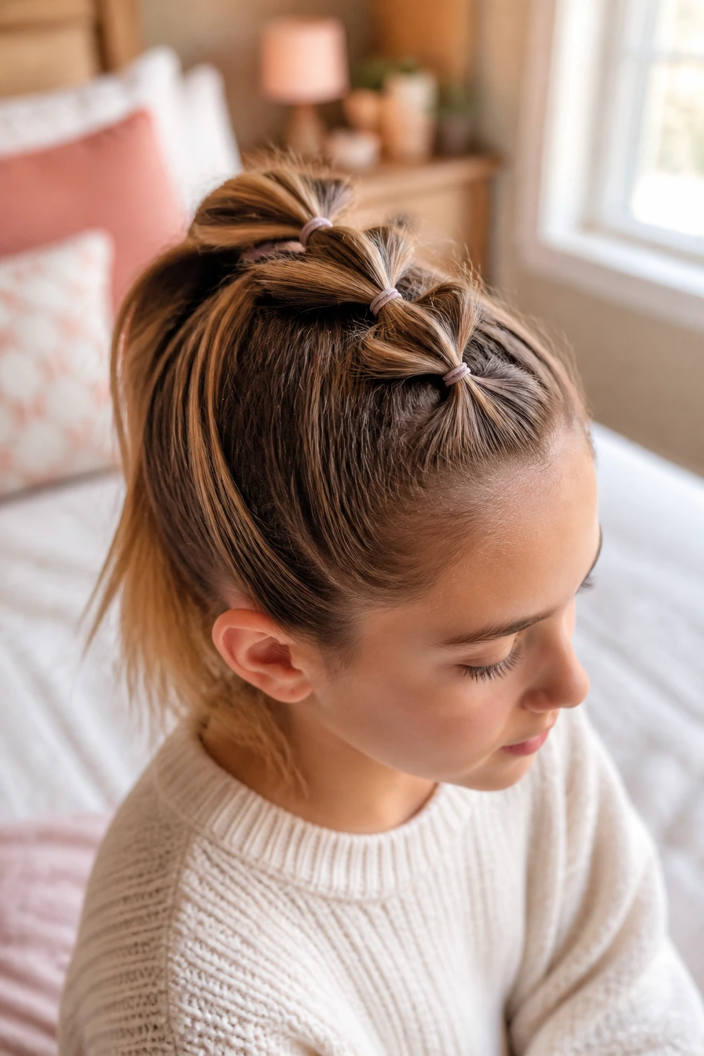 Close-up of real person with pull-through braid on fine hair in a cozy bedroom.