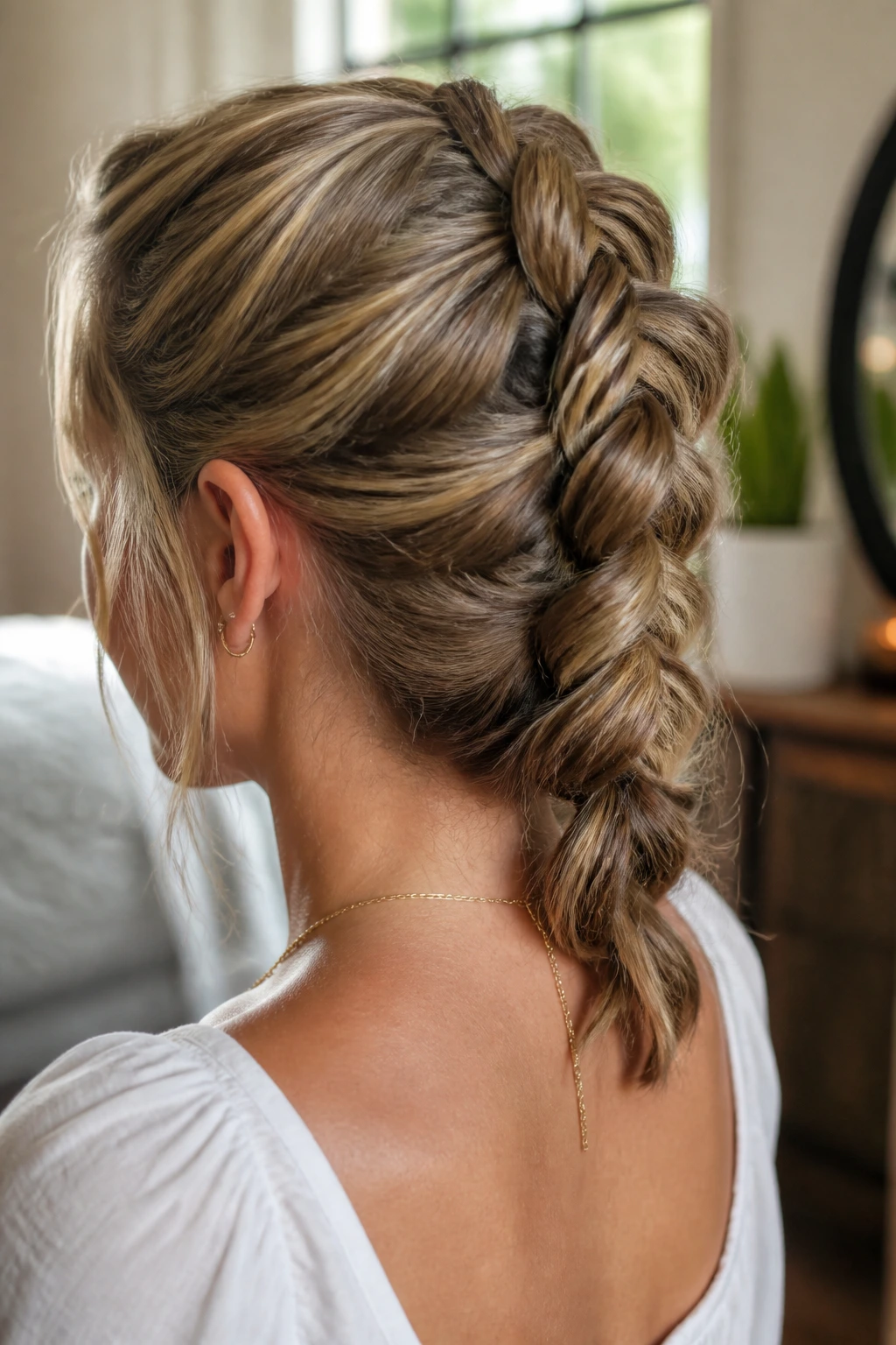 Close-up of a real woman with a pull-through braid showing fullness