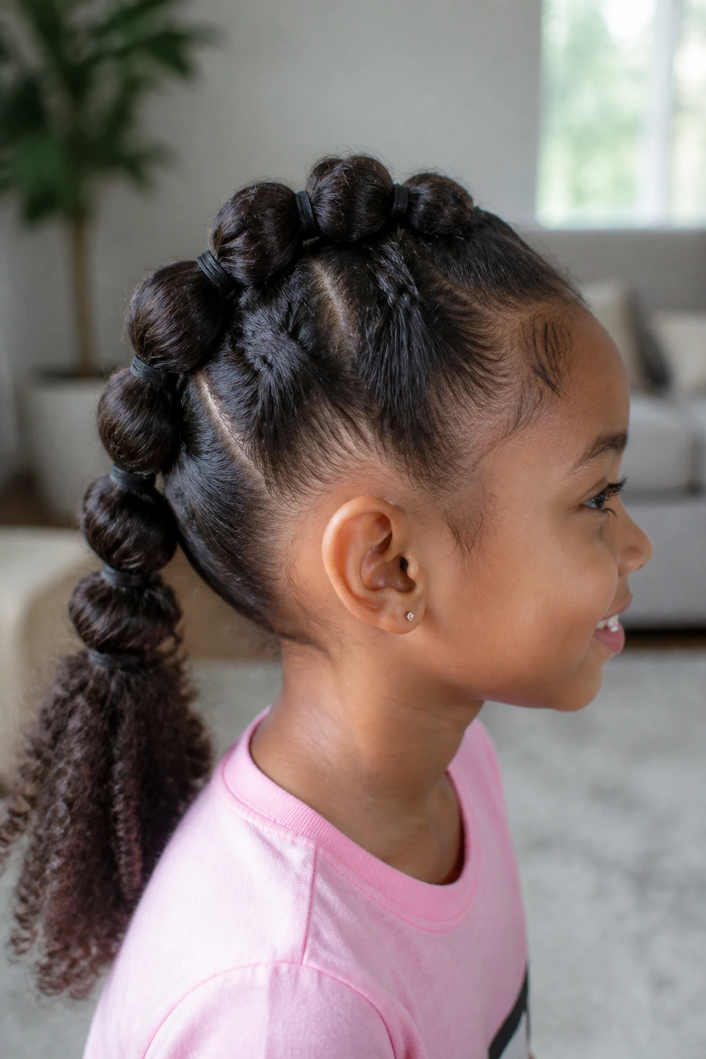 Close-up of a child with a pull-through braid showing loops along the scalp