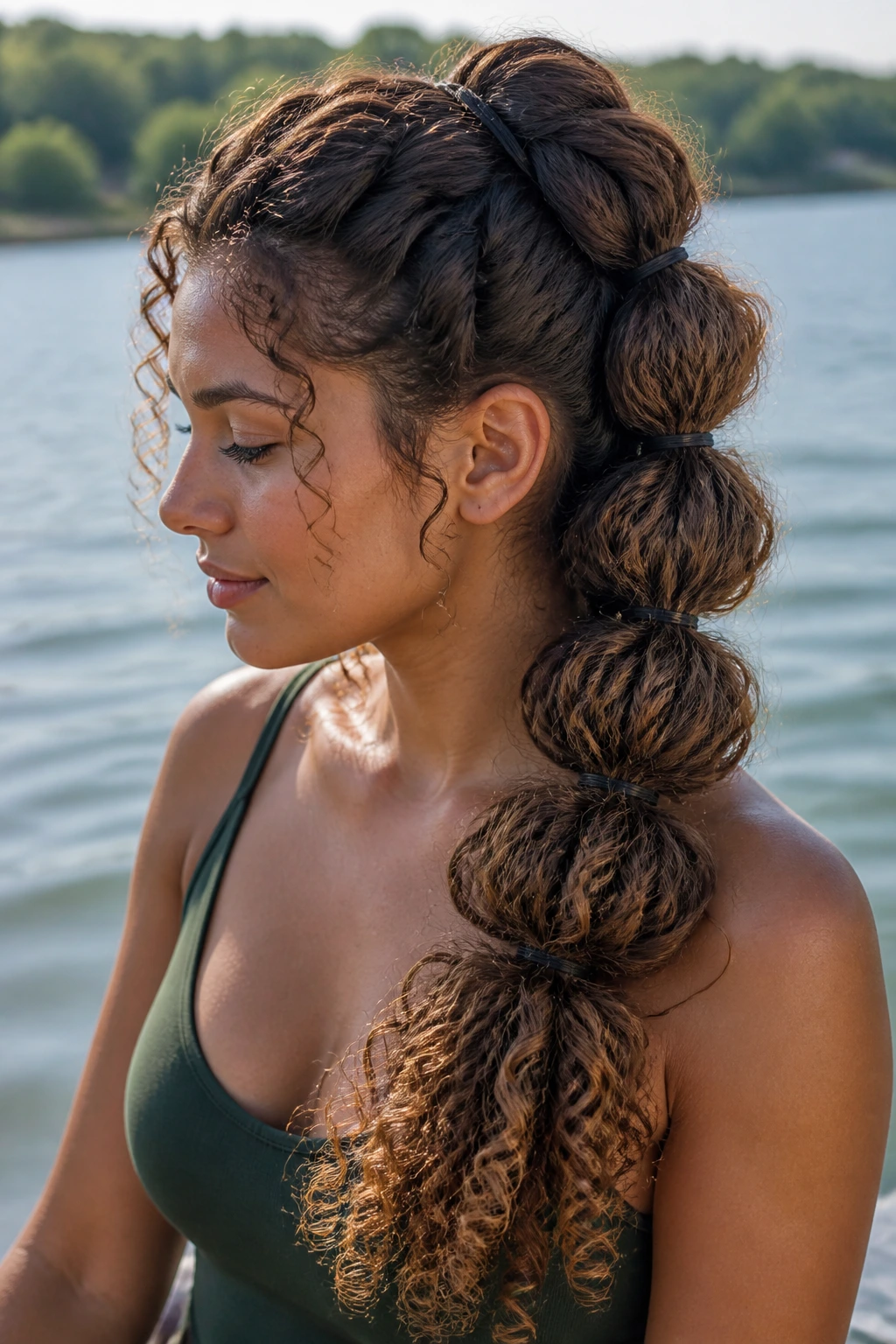 Close-up of a woman with a pull-through braid for thick long curls by the lake