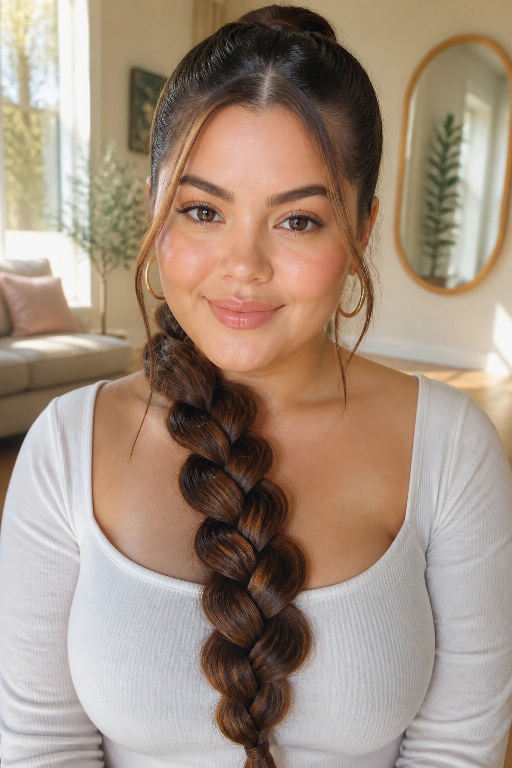 Close-up of a real woman with a tall pull-through braid centered on the head.