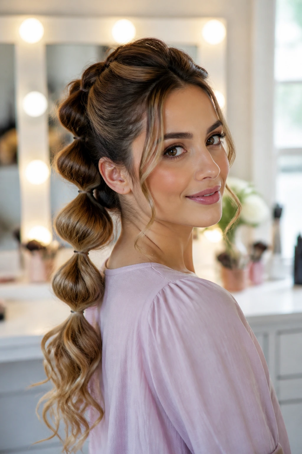 Close-up of a woman showing a pull-through braid ponytail with stacked bubbles.
