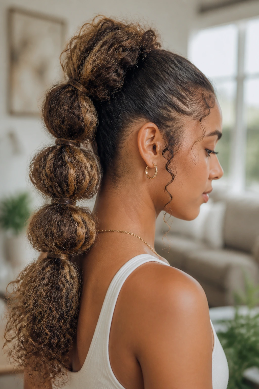 Close-up portrait of a real woman with a pull-through braid ponytail and fluffy curls.