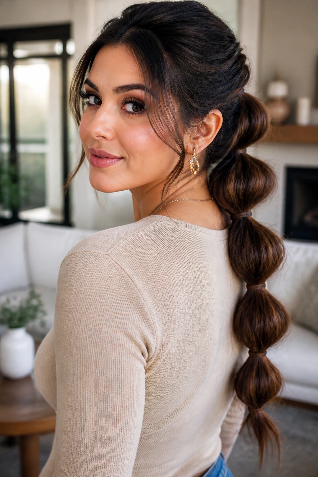 Close-up portrait of a woman with a pull-through braid ponytail