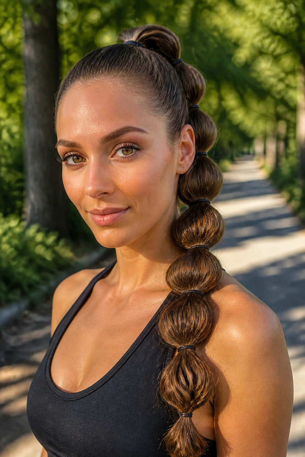 Real woman with a segmented pull-through braid in a park setting