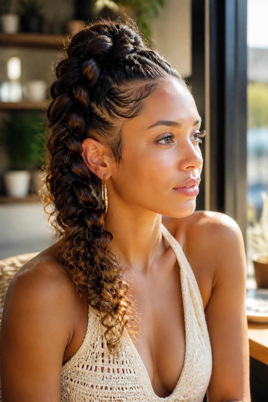 Close-up of a real woman with a pull-through braid on thick curls, stacked sections for volume