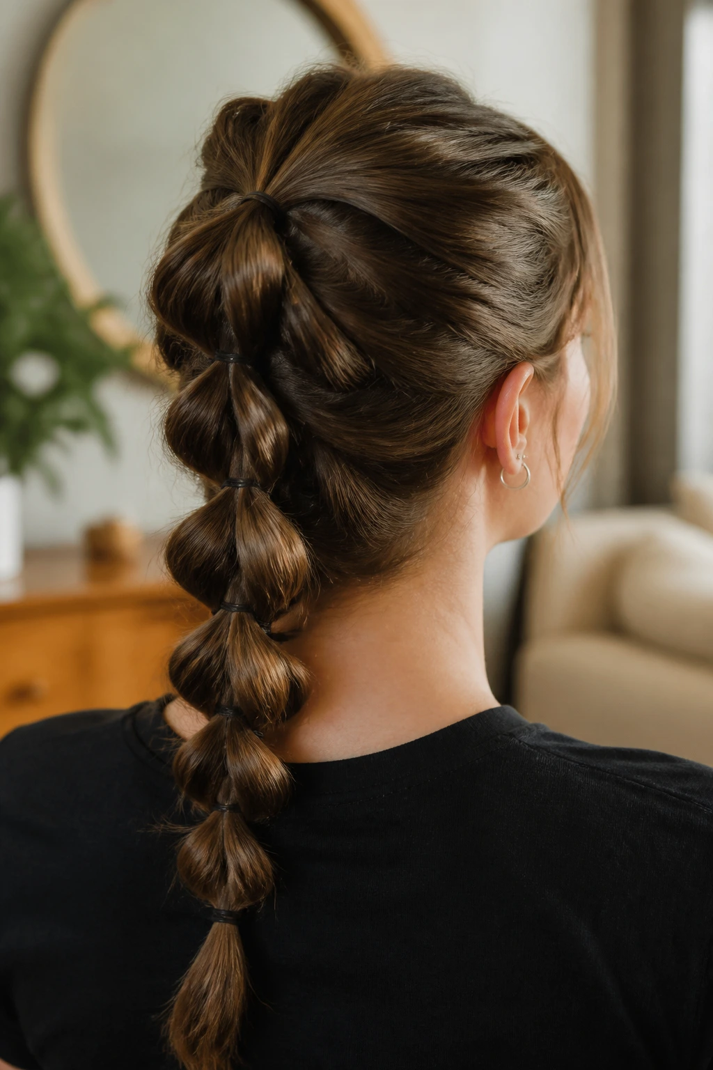 Close-up of a real person showing a pull-through braid with thick hair.