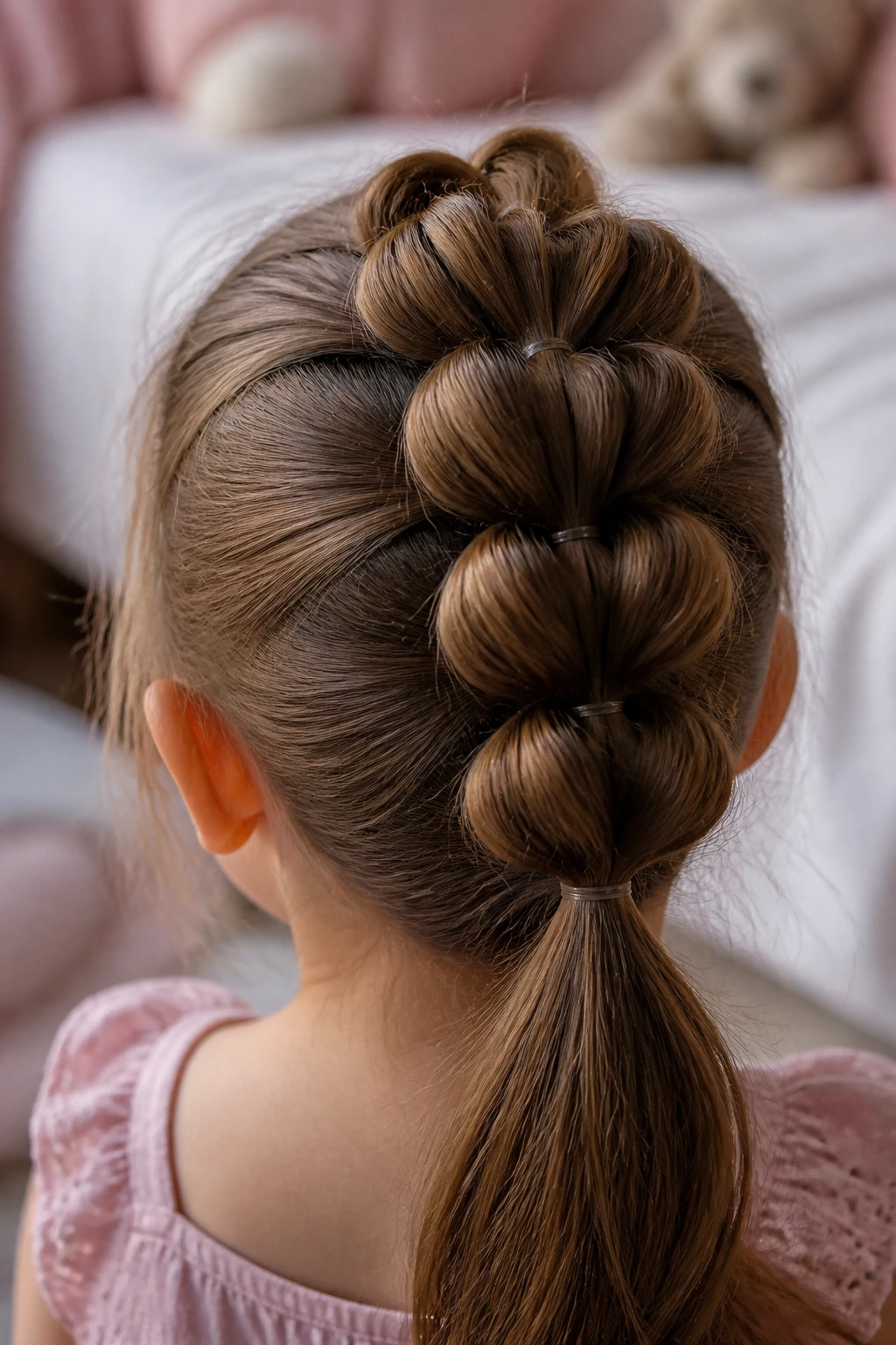 Back view of a child showing a pull-through braid with stacked loops.