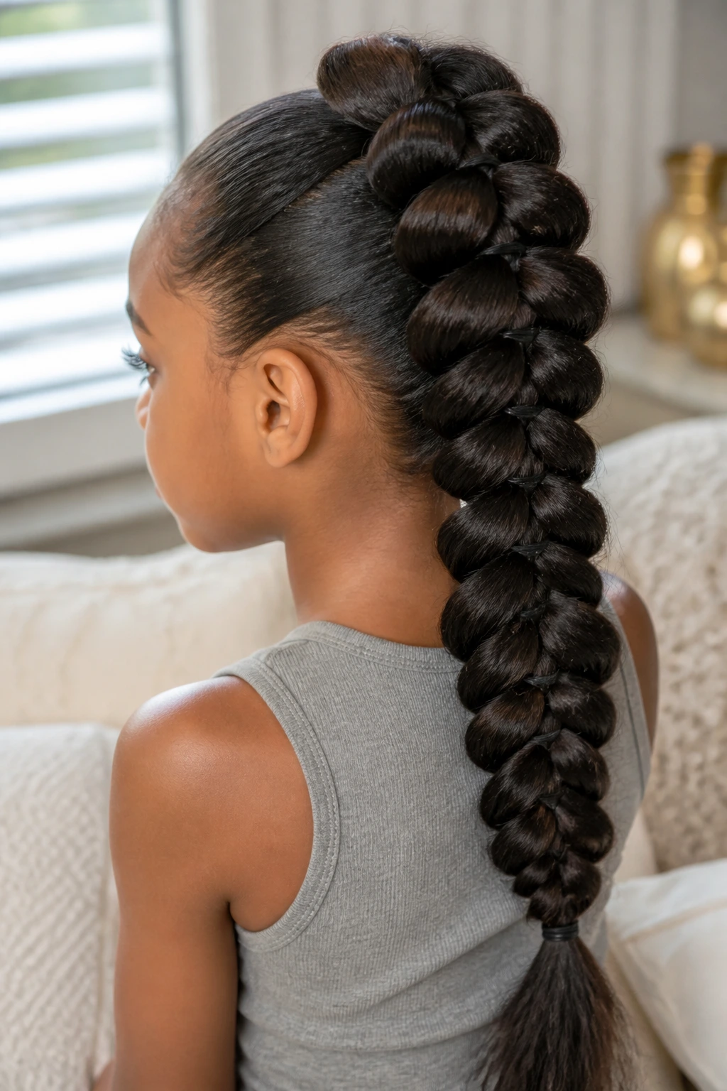 Close-up of a child with pull-through fishtail bubbles on very thick hair