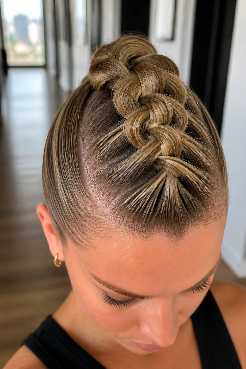 Real woman with a central pull-through mohawk braid, sleek sides