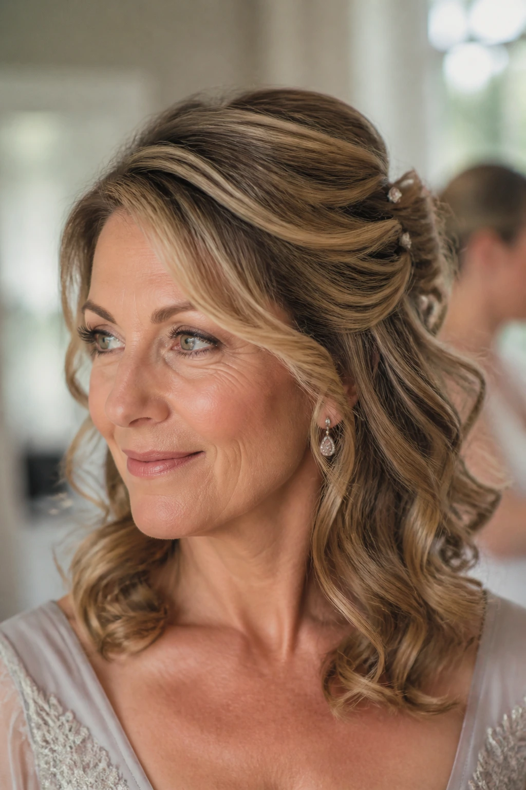 Close-up of a real woman with romantically pulled-back curls framing her face