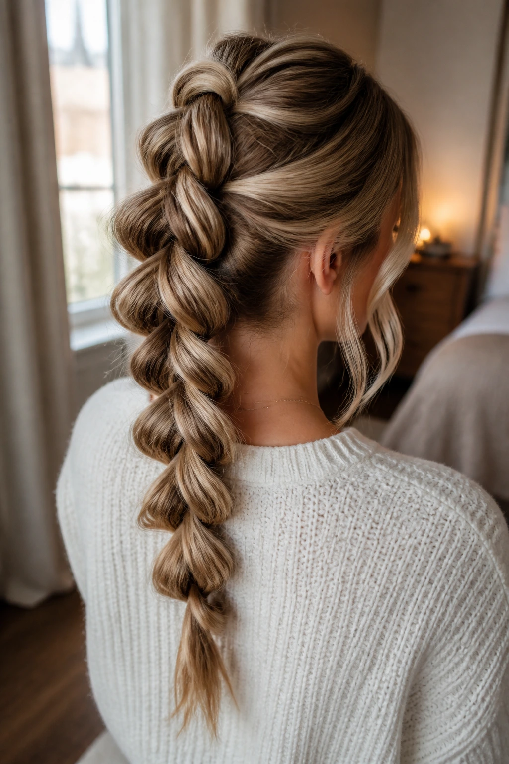 Close-up portrait of a real woman showing a pulled-through braid hairstyle