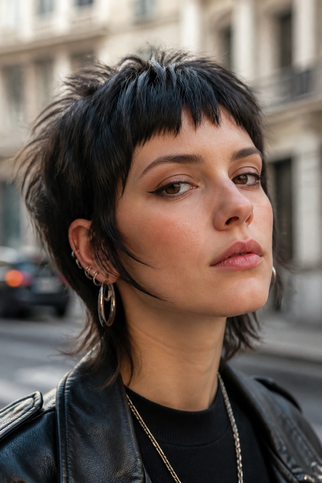 Close-up portrait of a real woman with a punky cropped shag and micro fringe