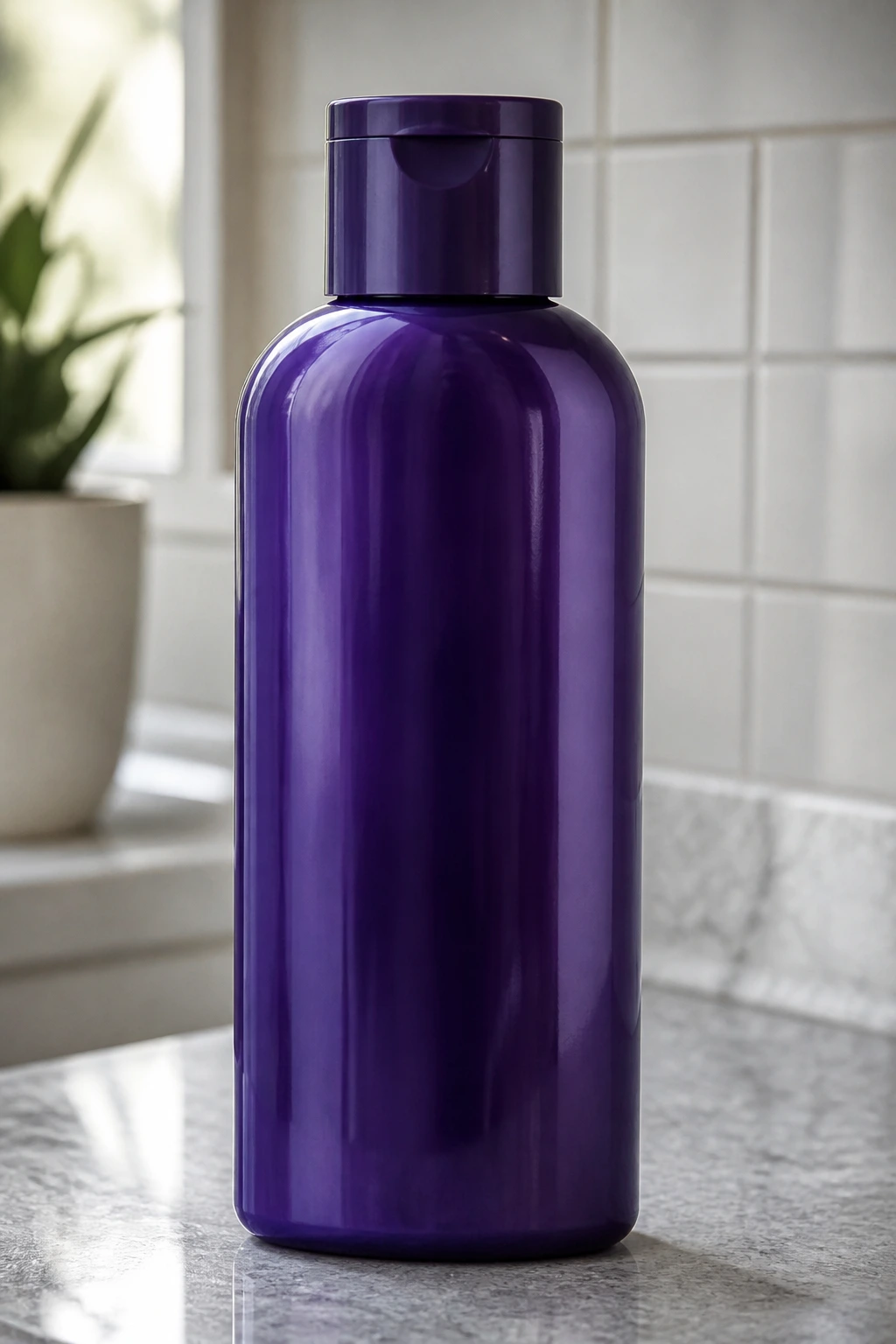 Close-up of purple shampoo bottle on bathroom counter