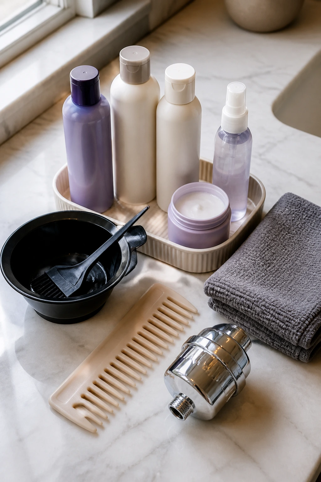 Countertop with ash blonde maintenance tools neatly arranged