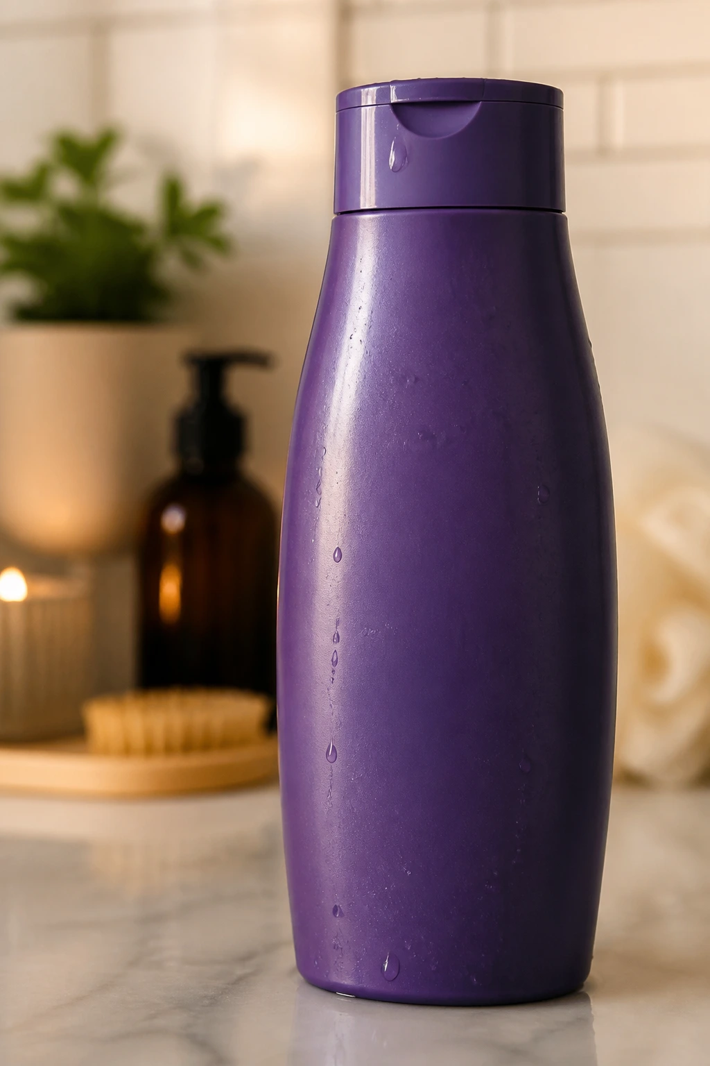Generic purple shampoo bottle on a bathroom counter