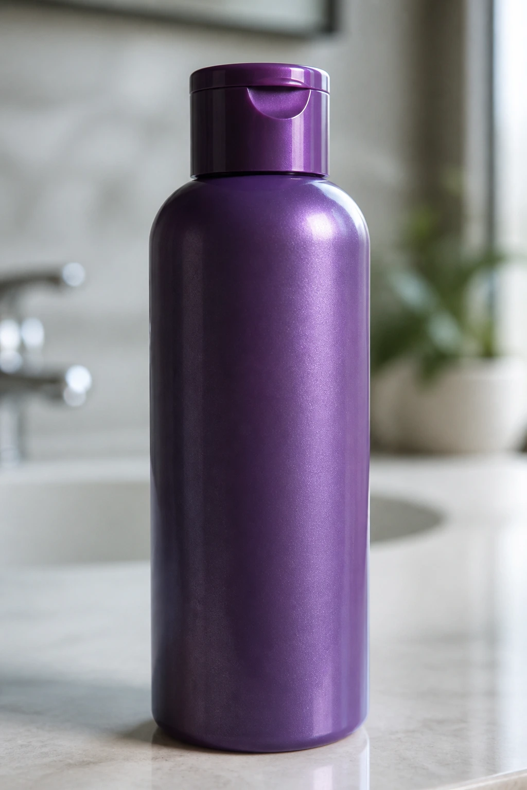 Close-up of a purple shampoo bottle with no text on a bathroom counter.