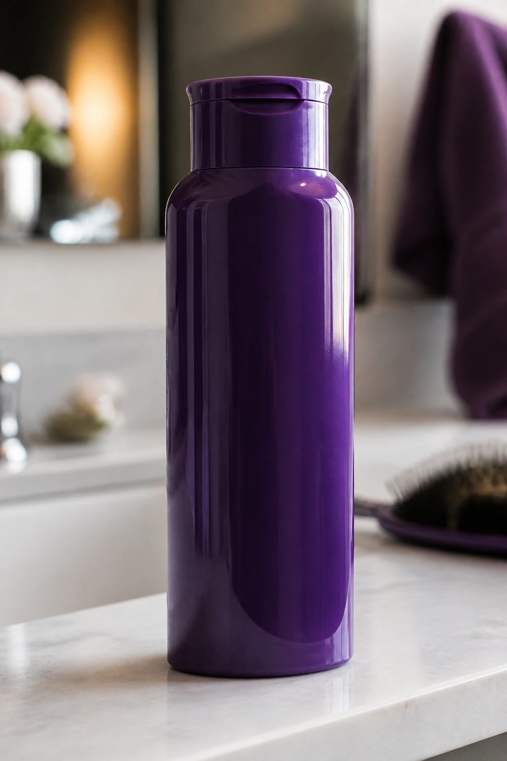 Close-up of a purple shampoo bottle on a bathroom counter to keep grey hair bright