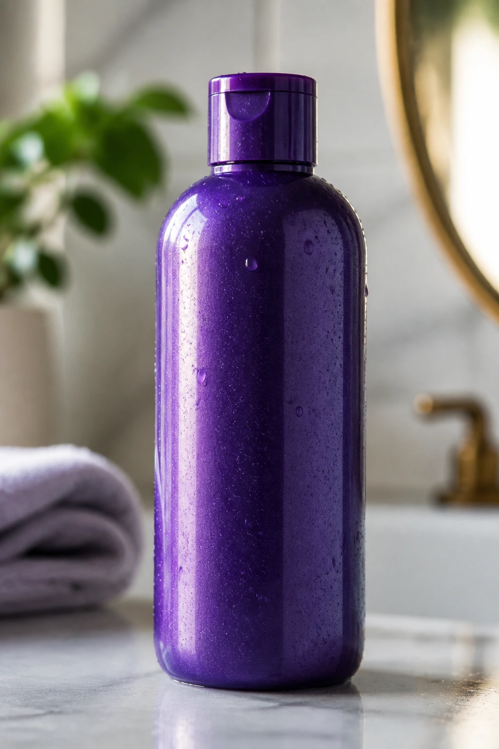 Close-up of purple shampoo bottle on a bathroom counter