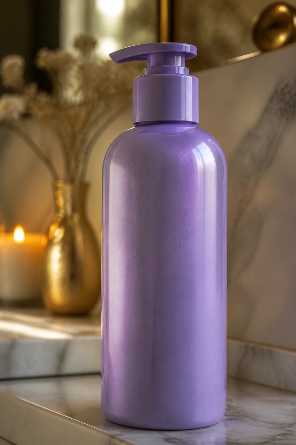Purple shampoo bottle on a bathroom shelf for color maintenance