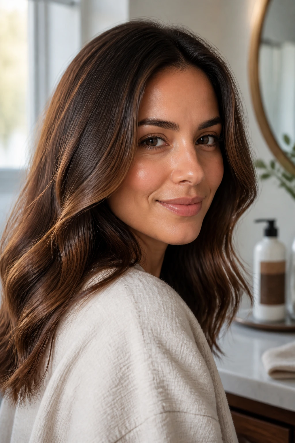 Close-up portrait of a woman with glossy brunette hair in a warm bathroom
