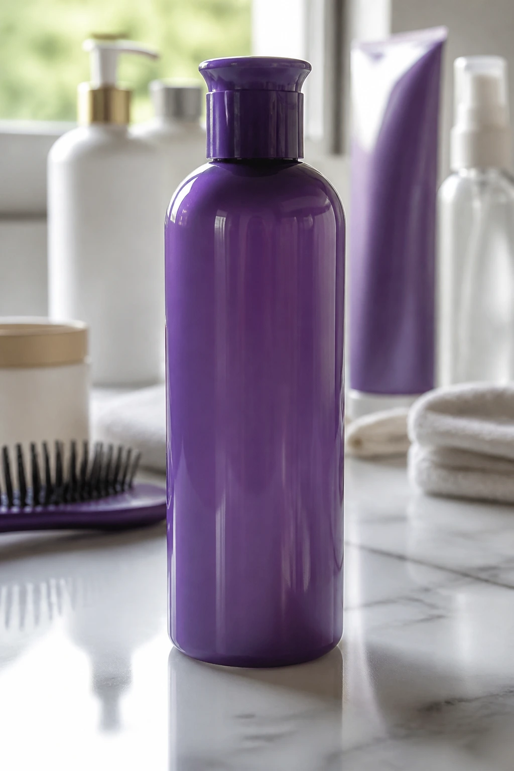 Close-up of purple shampoo bottle on bathroom counter.