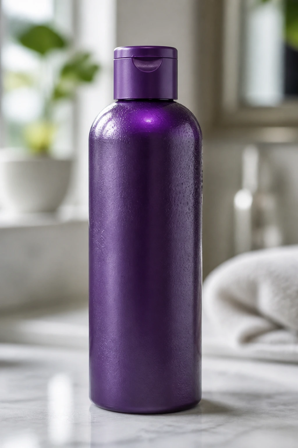 Close-up of a purple-toning shampoo bottle on a bathroom counter