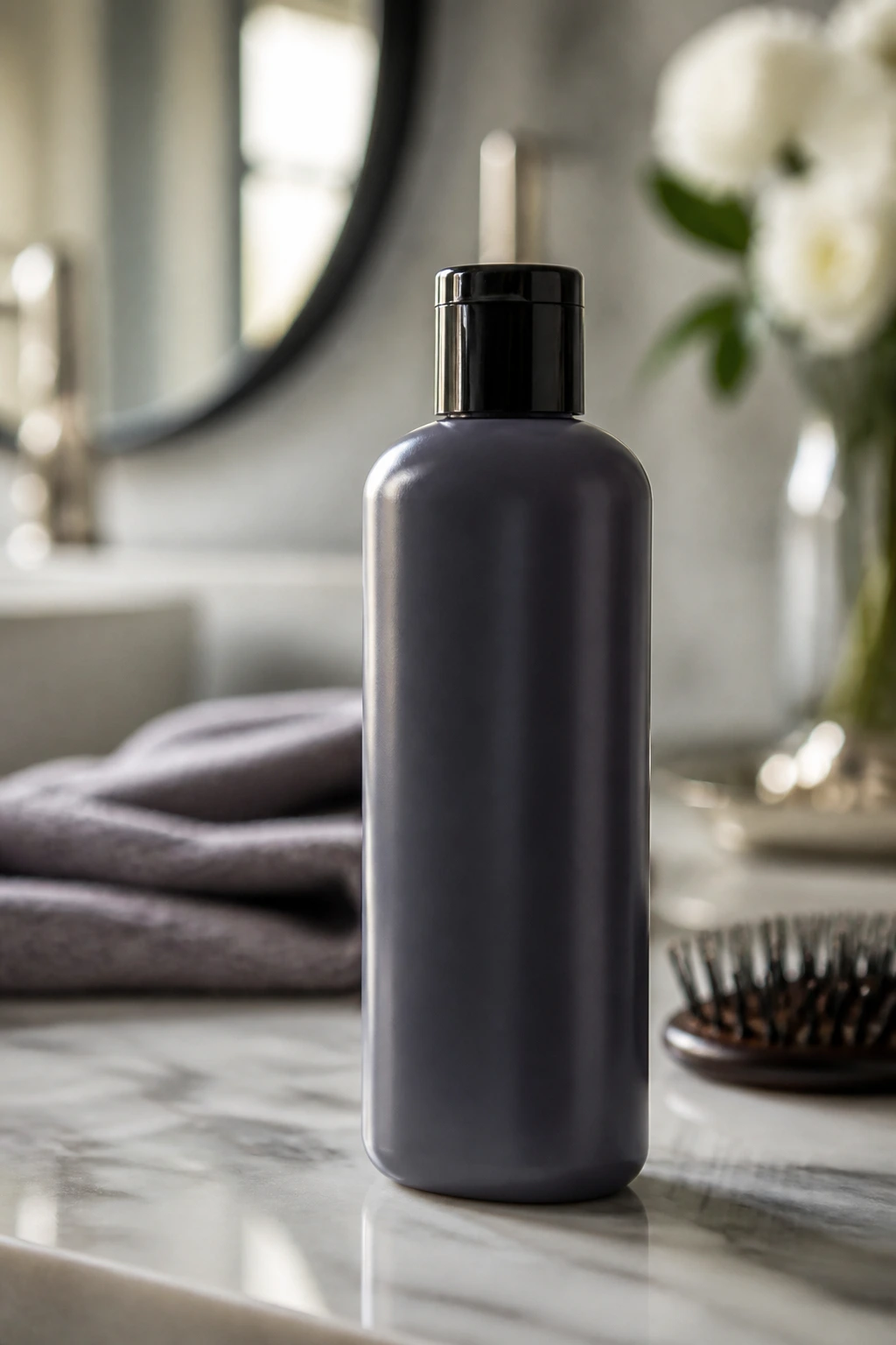 Unlabeled bottle on a vanity signaling essential gray hair care products