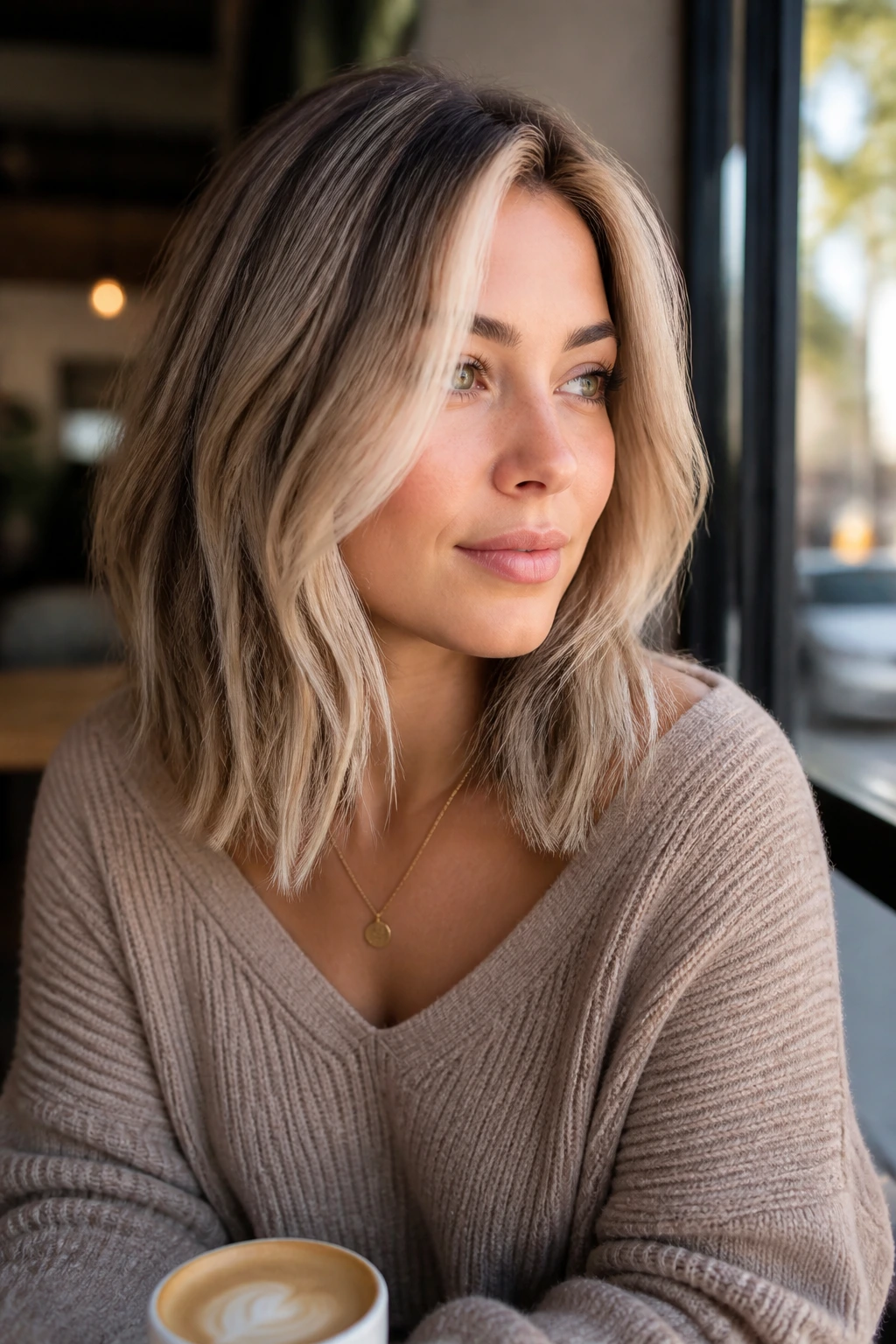 Portrait of brunette with quartz blonde lob and face-framing highlights