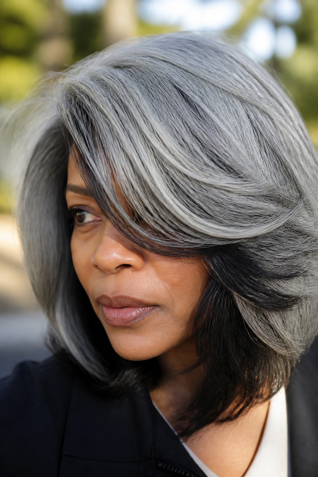 Close-up of real person with quartz grey and black underlayers.