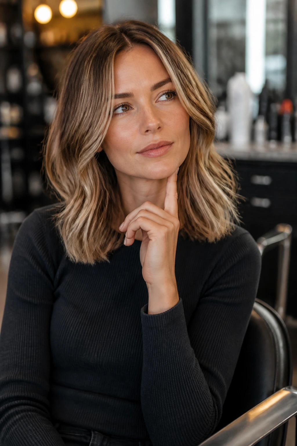 Thoughtful real-person portrait in a salon chair considering hair options.