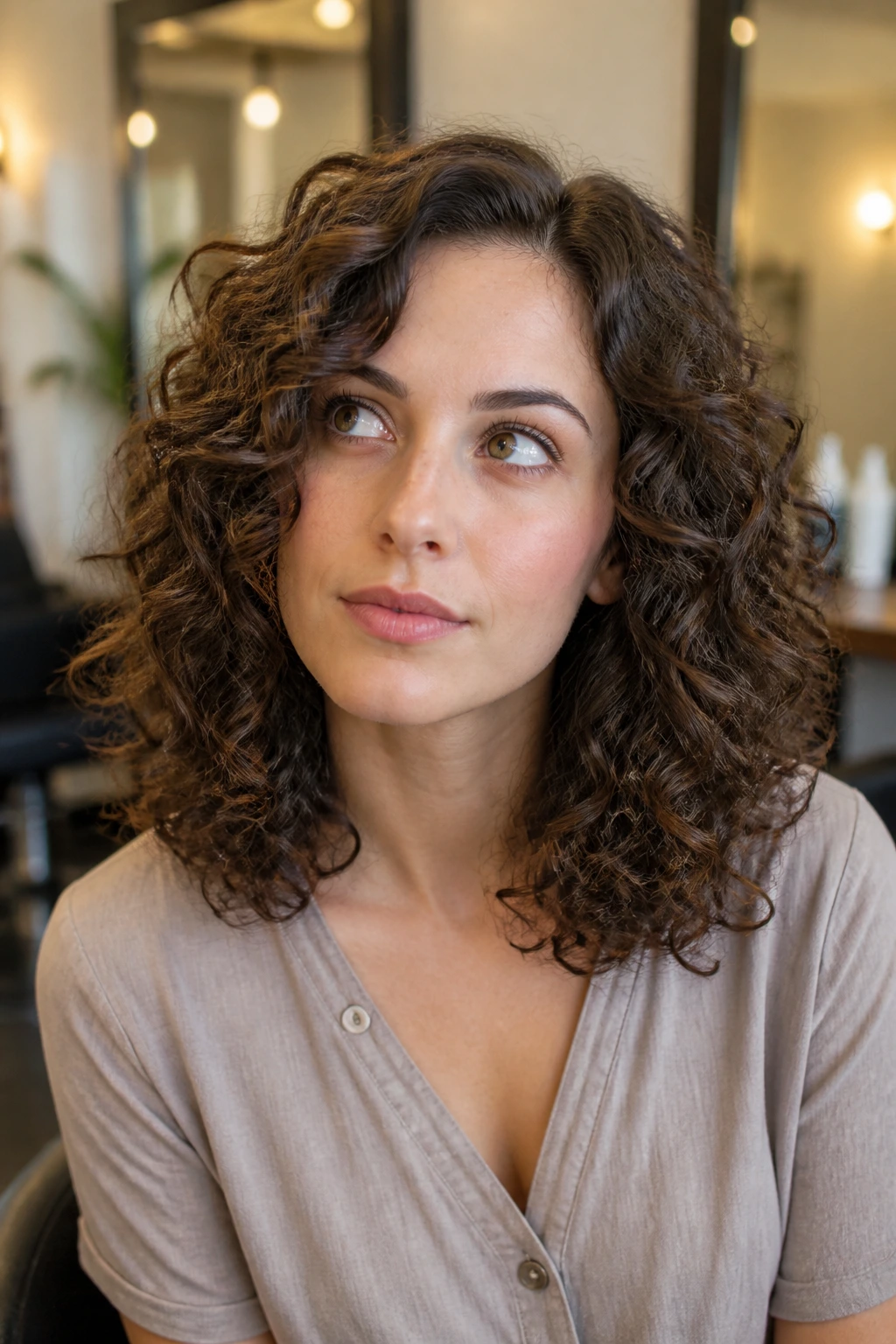 Close-up of a real person in a salon, showing a thoughtful expression about booking a cut