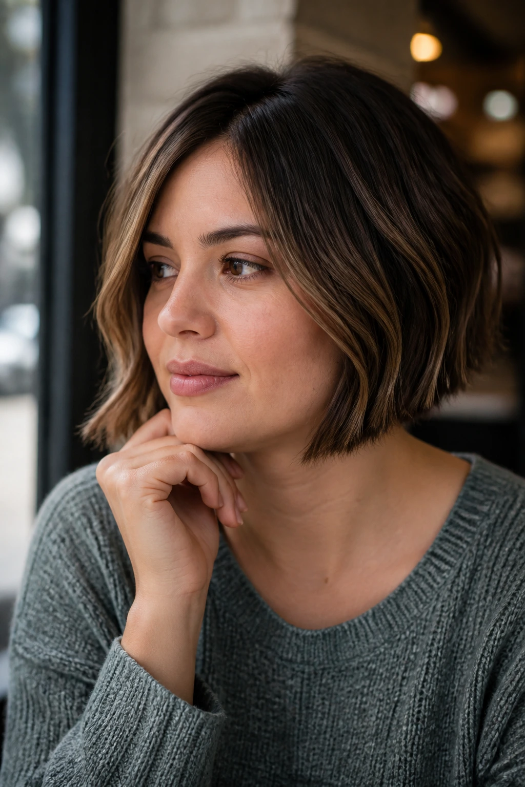 Thoughtful woman with inverted bob in window-lit cafe setting