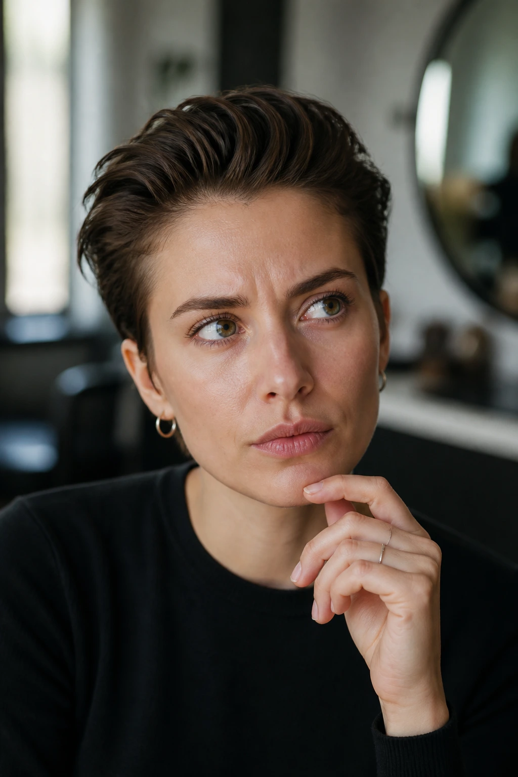 Portrait of a real person with short hair looking curious about slick style questions