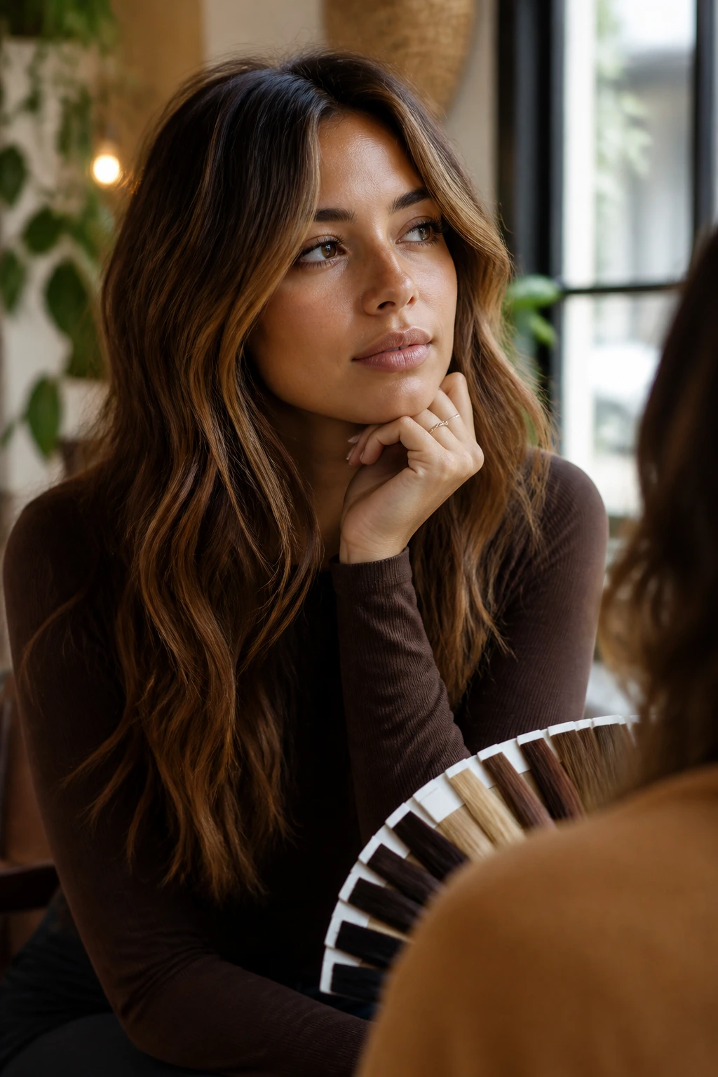 Real person considering warm brunette highlights during a salon consultation