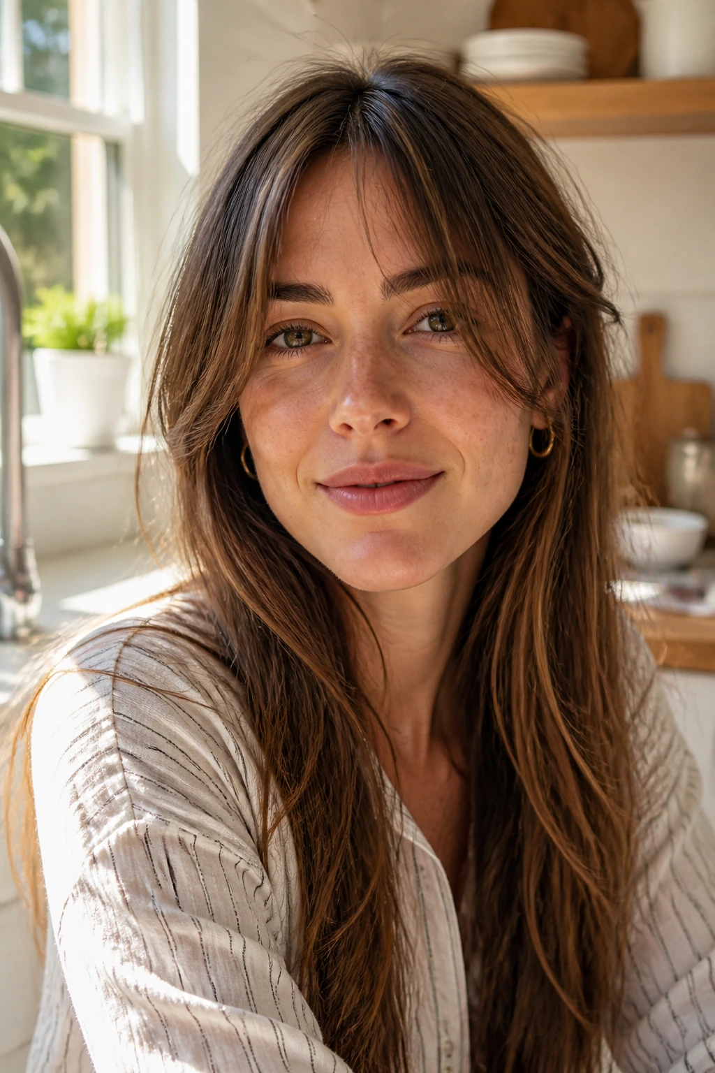 Portrait of a real person with quick, easy long-bang styling