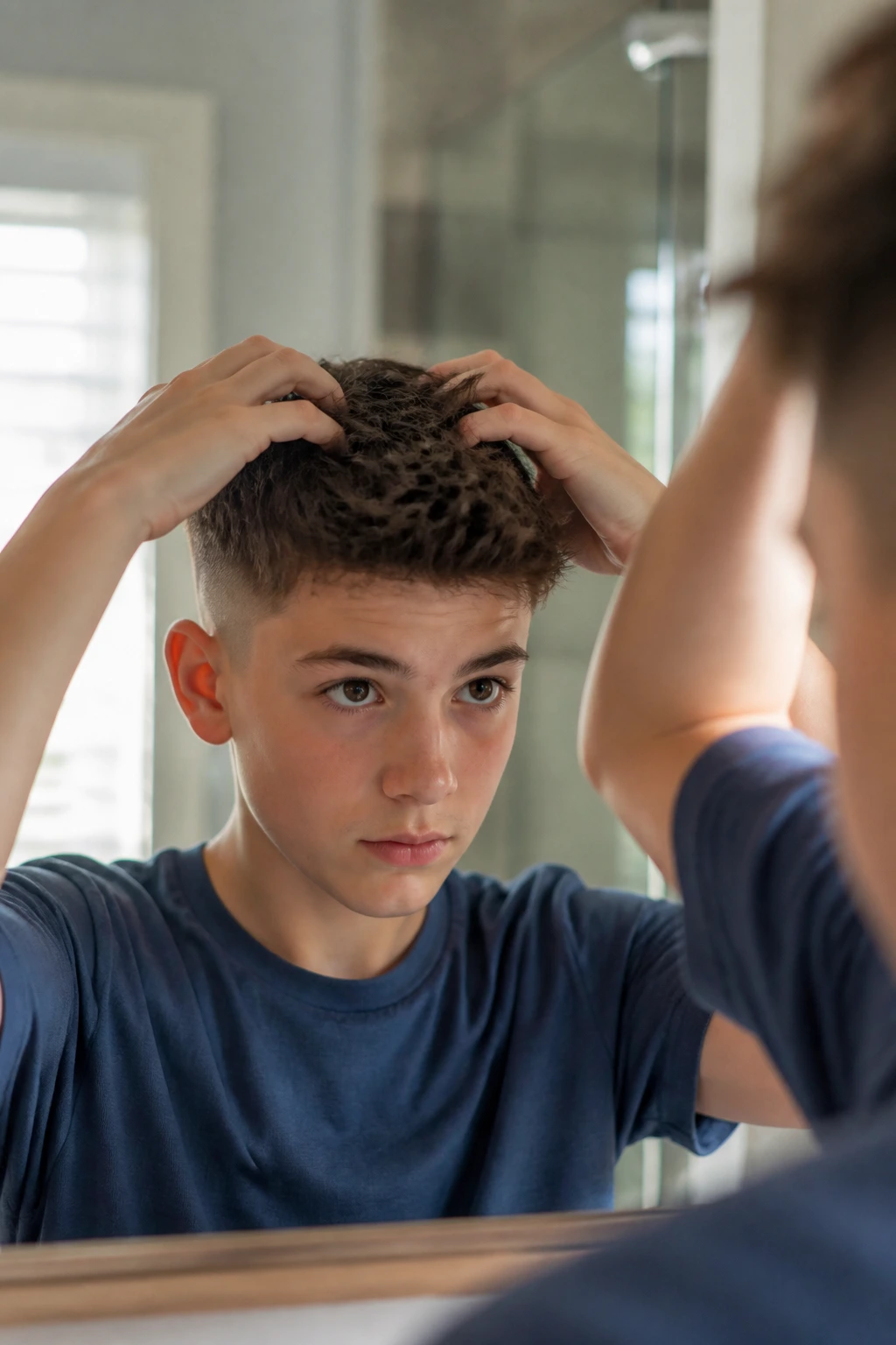 Boy styling hair quickly in the morning with minimal product