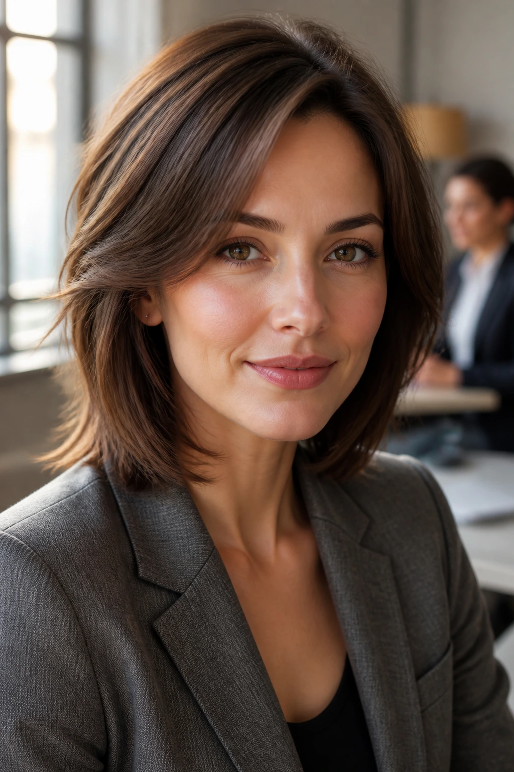 Portrait of a person with a refined, balanced haircut exuding quiet power in an office setting.