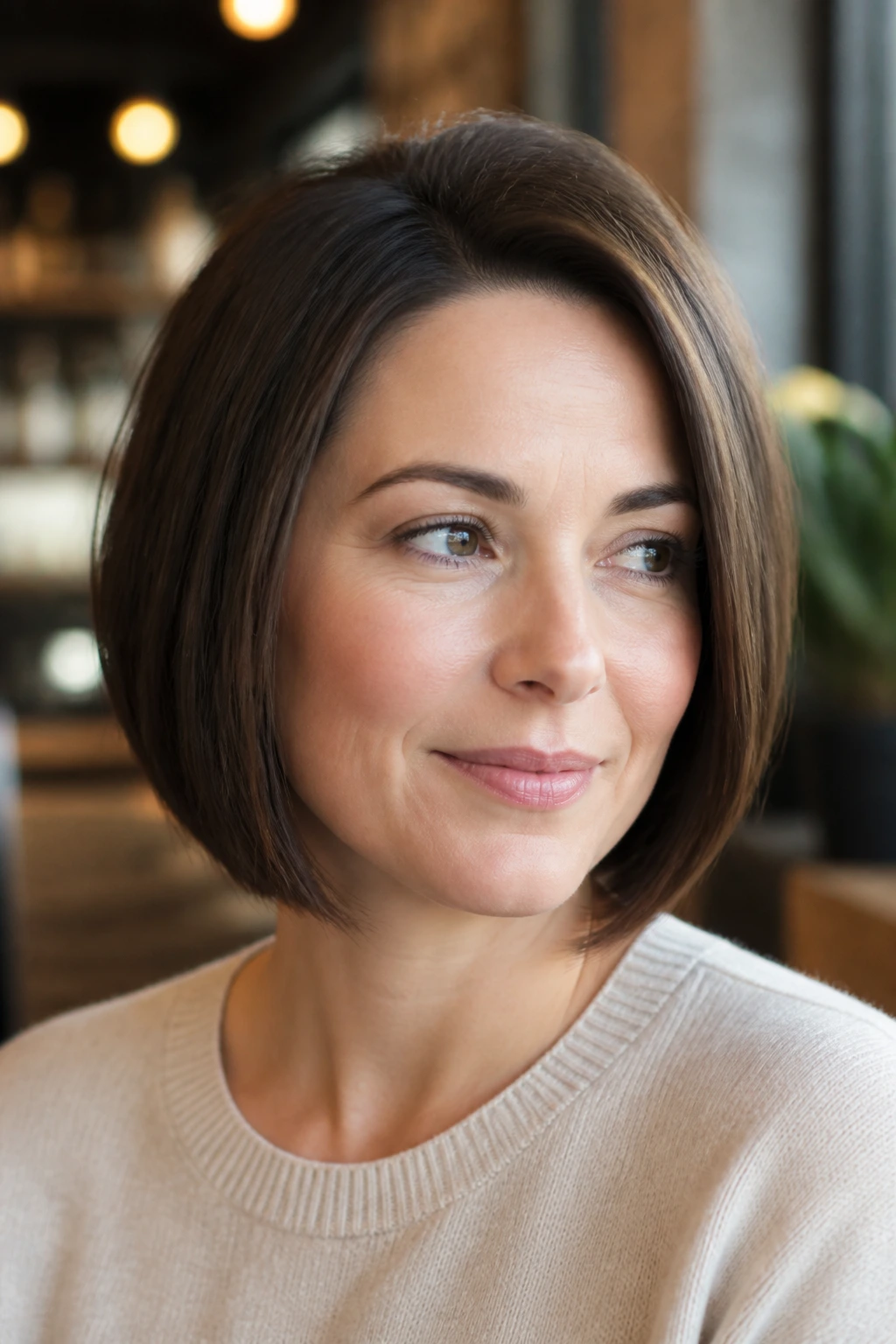Close-up of a real woman with a quiet volume bob in a cozy cafe setting