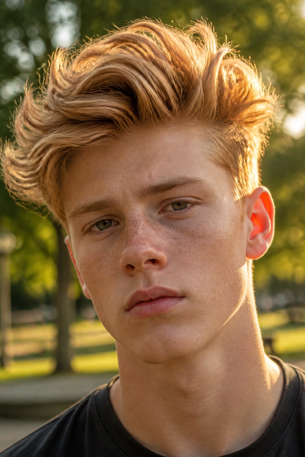 Close-up portrait of a real person with a messy quiff and soft blonde ribbons